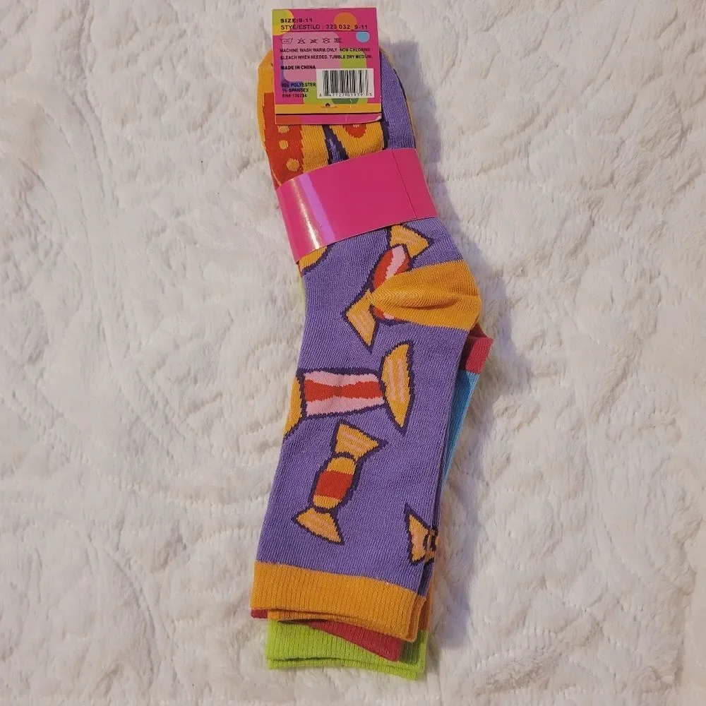 Yelete Big Candy Novelty Crew Socks 3 Pair Bright Bold Colors Size 9-11 New